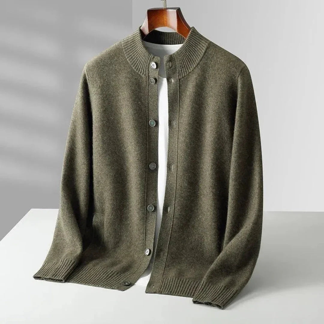 Orion navy merino wool button-up cardigan with ribbed collar, classic slim fit