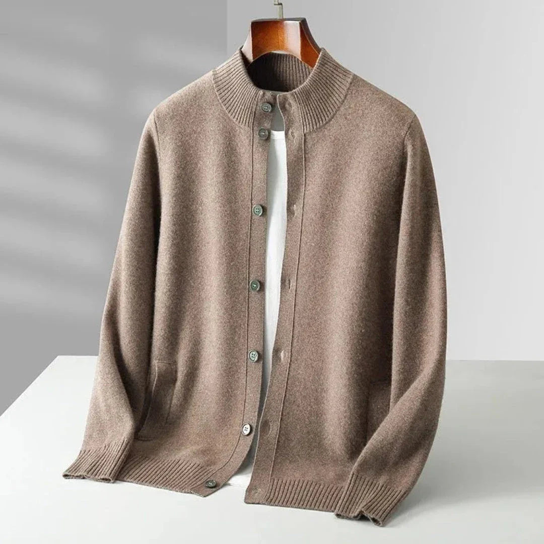 Orion merino wool button-up cardigan with ribbed collar, classic fit, soft premium knit