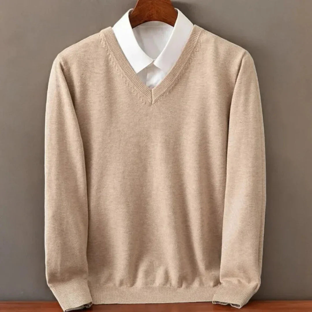Women's beige cashmere V-neck sweater soft lightweight layering essential with timeless refined fit