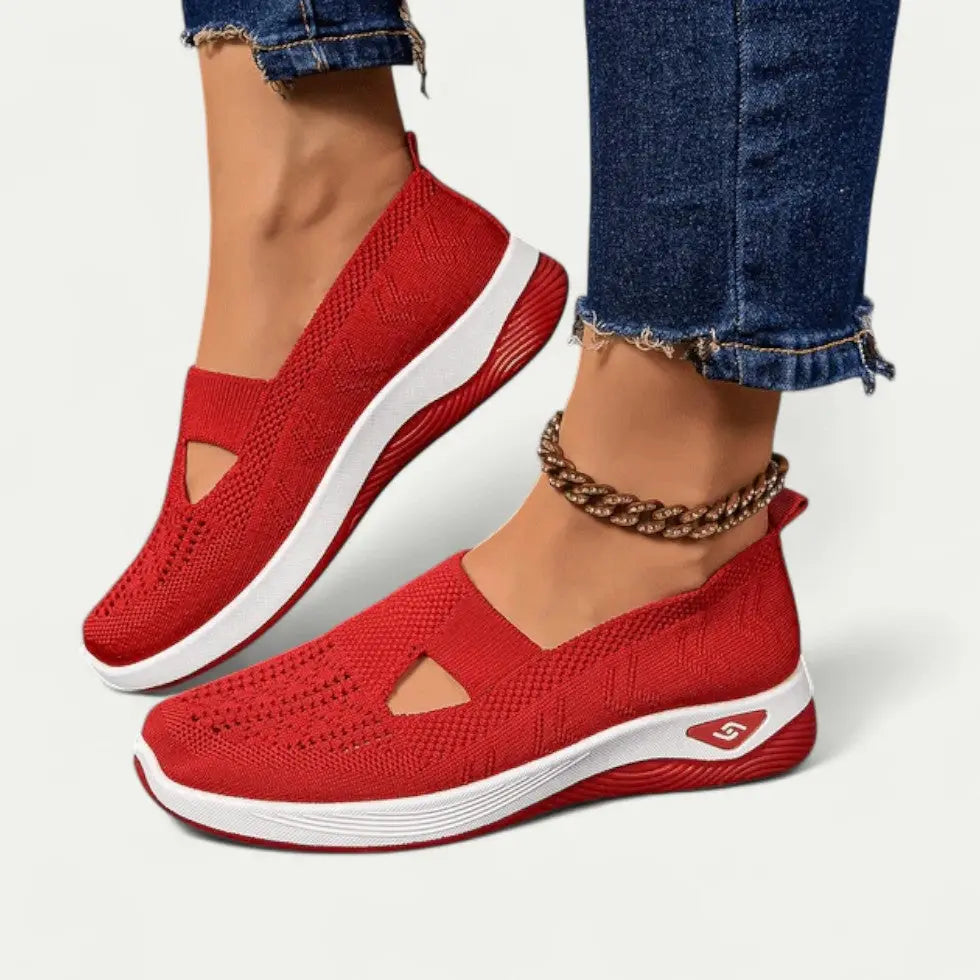 Women's gray slip-on sneakers with breathable knit mesh upper, lightweight casual style