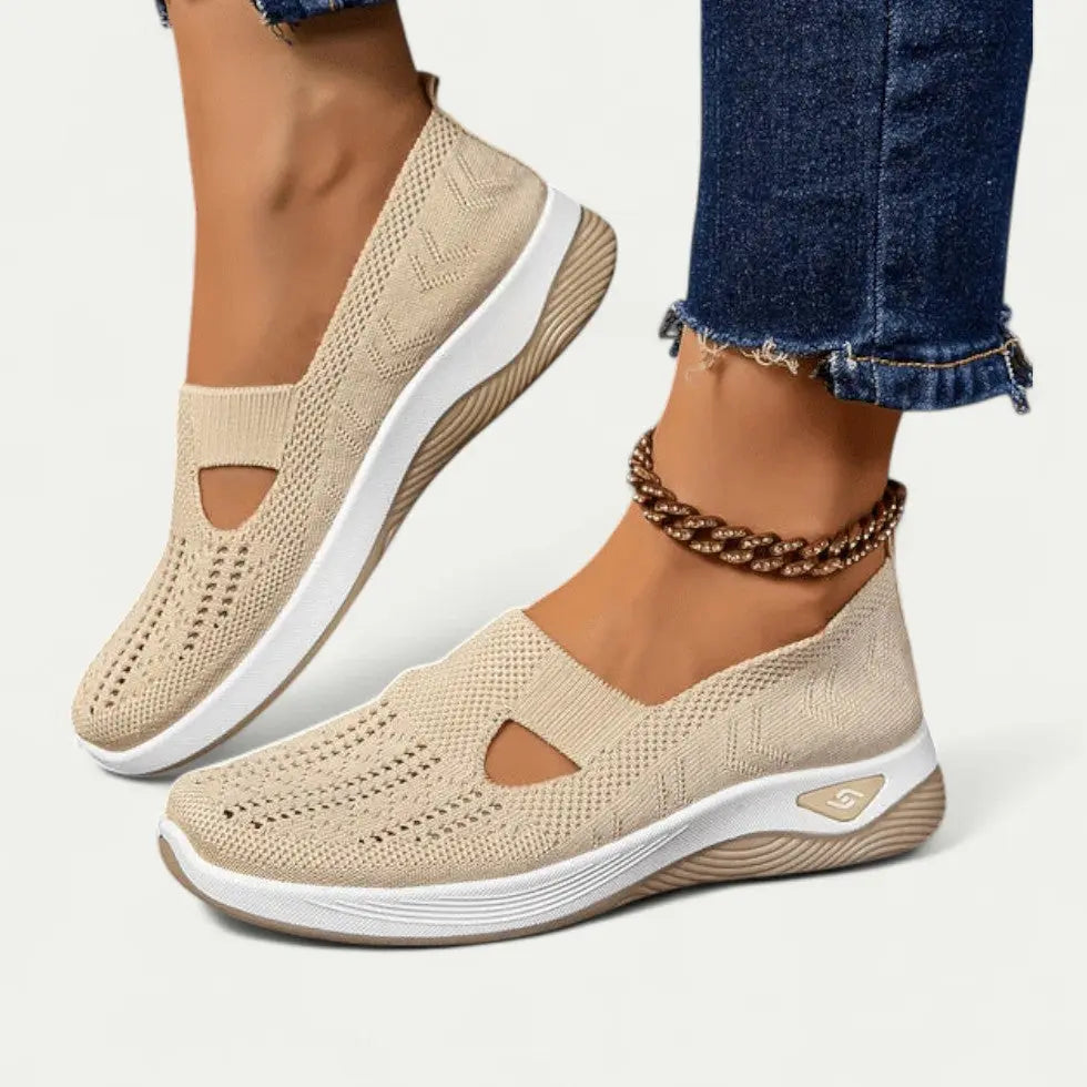 Women's slip-on sneakers in neutral tones, breathable knit mesh upper, casual comfort style