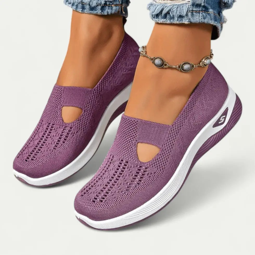 Women's gray slip-on knit mesh sneakers with breathable design and cushioned comfort