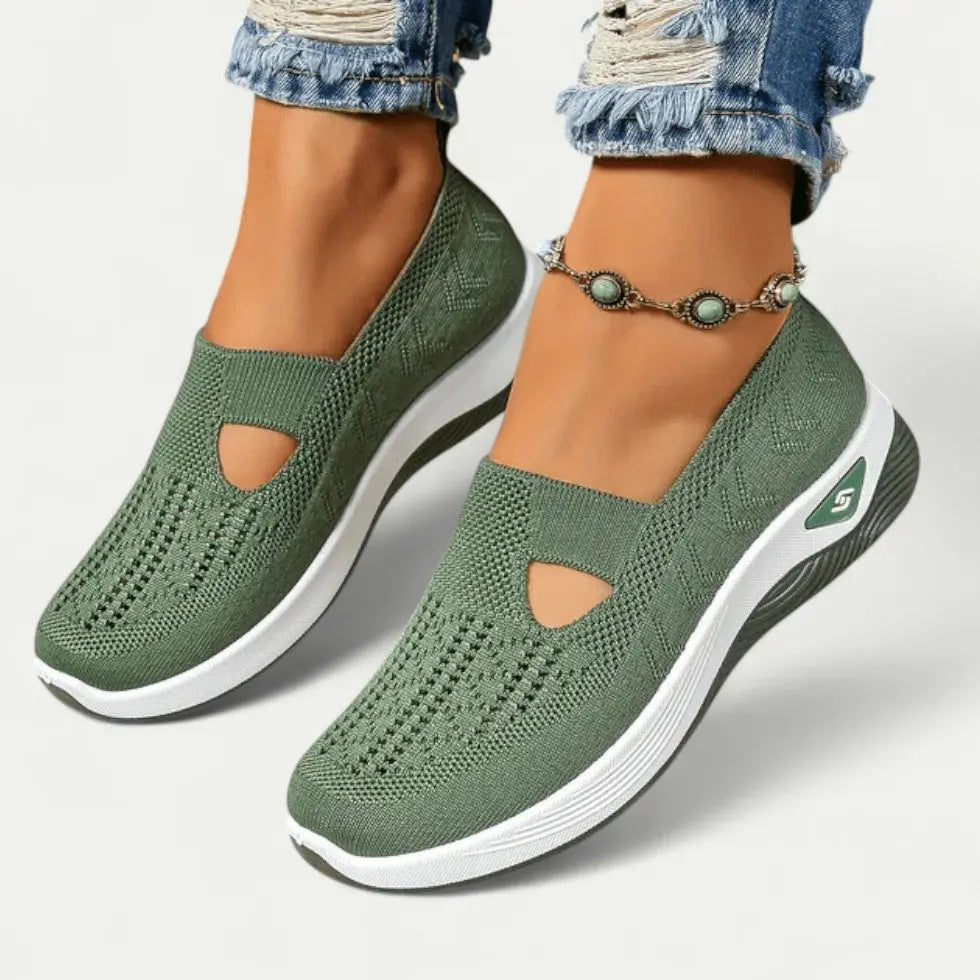 Women's gray slip-on sneakers with breathable knit mesh upper, casual lightweight everyday style