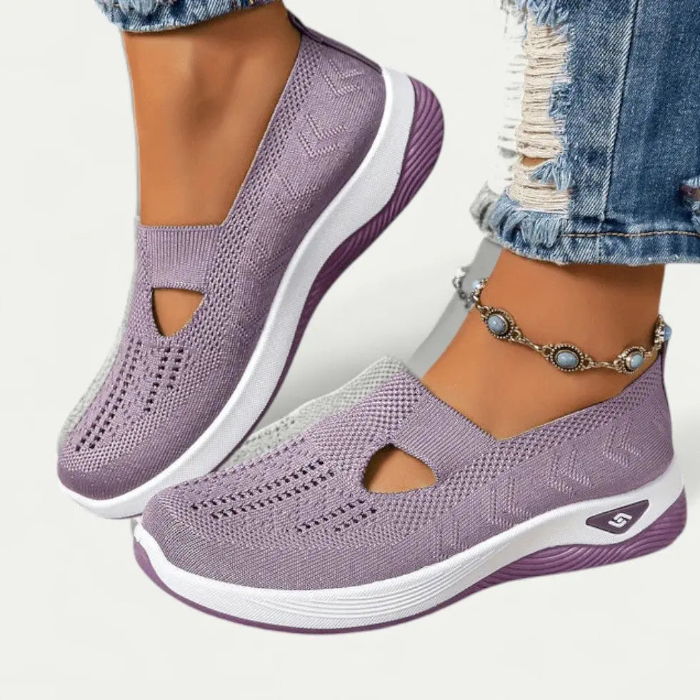 Women's gray slip-on sneakers with breathable knit mesh upper, lightweight casual style