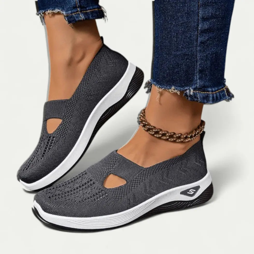 Women's gray slip-on sneakers with breathable knit mesh upper, lightweight casual comfort fit