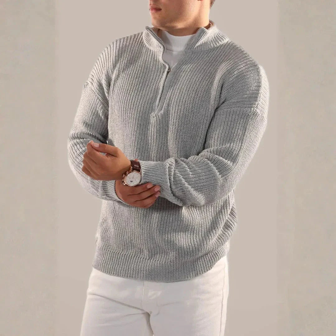 Beige ribbed knit half-zip jumper with structured texture and minimalist smart-casual style