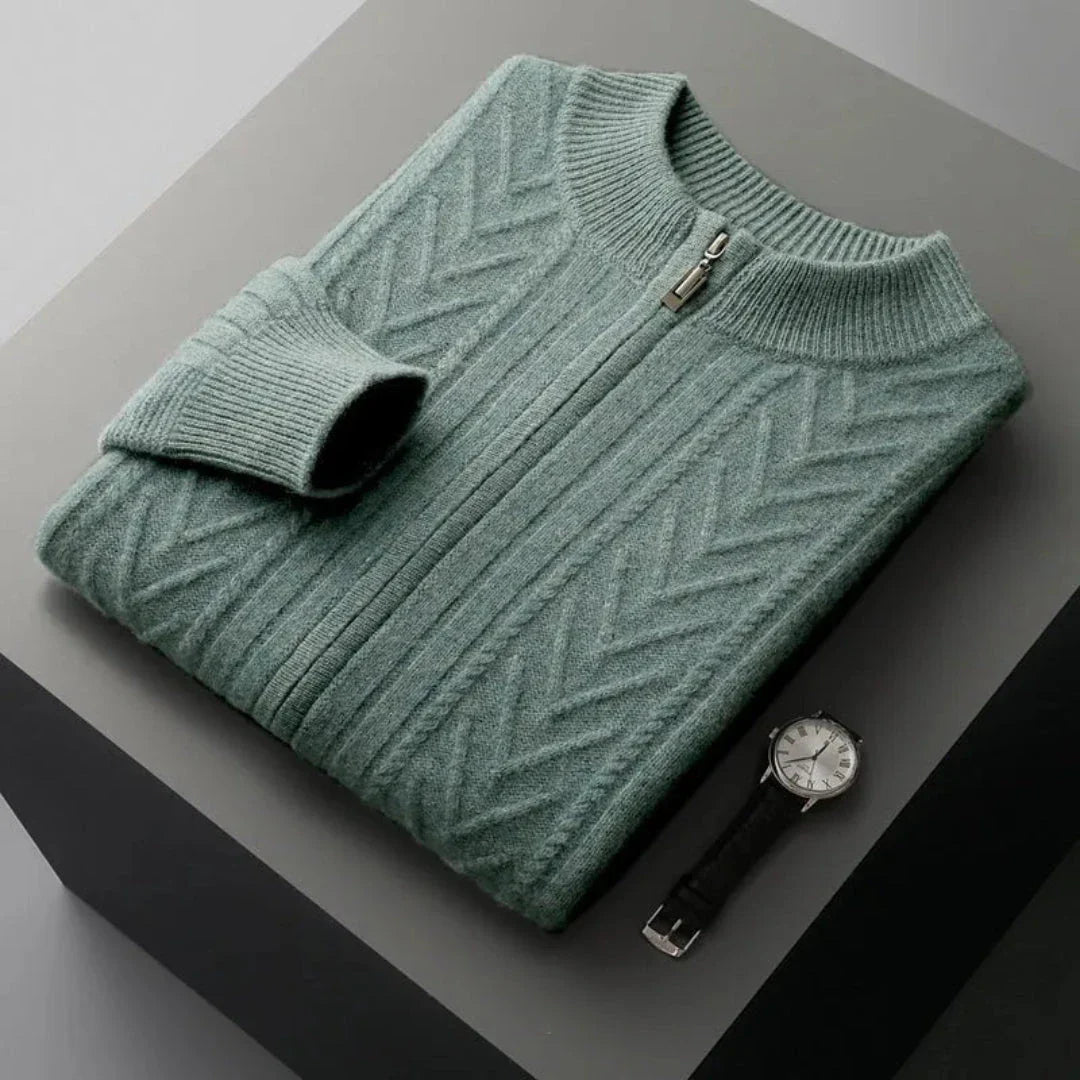 Navy blue merino wool full-zip sweater with ribbed texture and sleek zip closure for refined layering