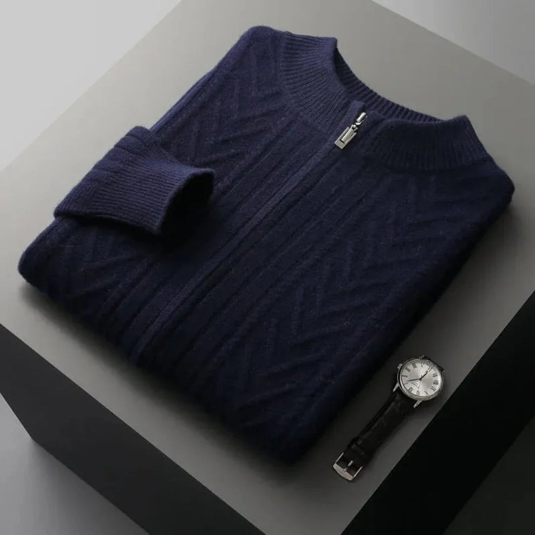 Navy blue Oscar merino wool full-zip sweater with refined ribbed texture for sophisticated layering