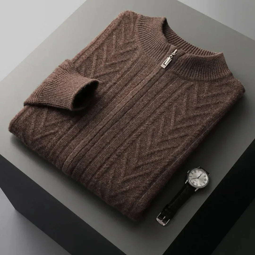 Oscar navy merino wool full-zip sweater with refined ribbed texture and sleek zip closure