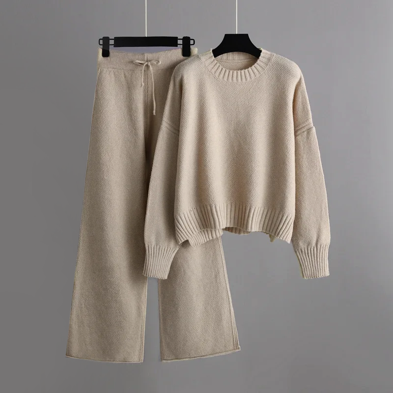 Women soft knit loungewear set relaxed fit sweater and wide-leg pants in cozy neutral tones