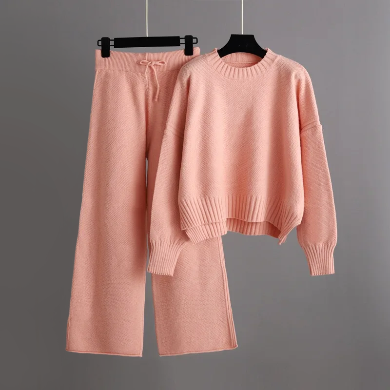 Women soft knit loungewear set relaxed fit sweater and wide-leg pants cozy two-piece style