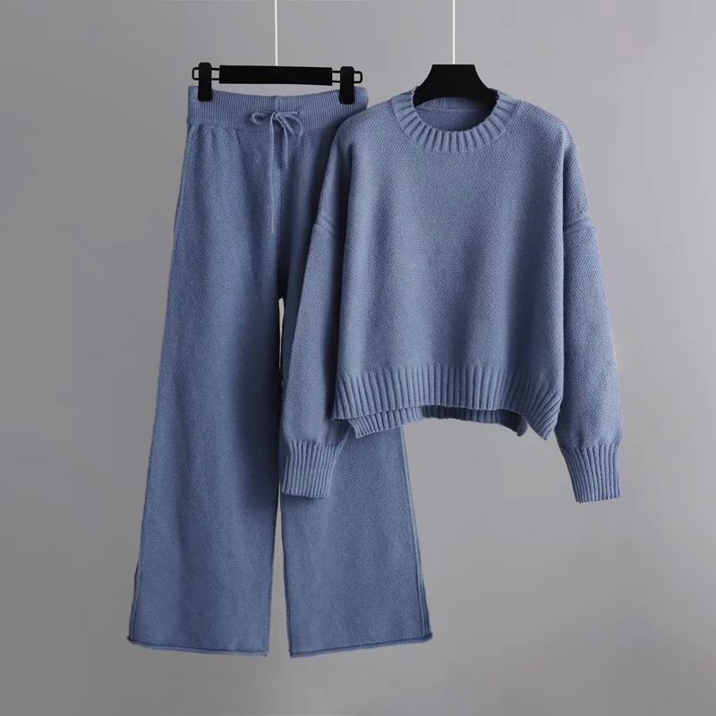 Women's soft knit loungewear set relaxed fit sweater and wide-leg pants cozy two-piece