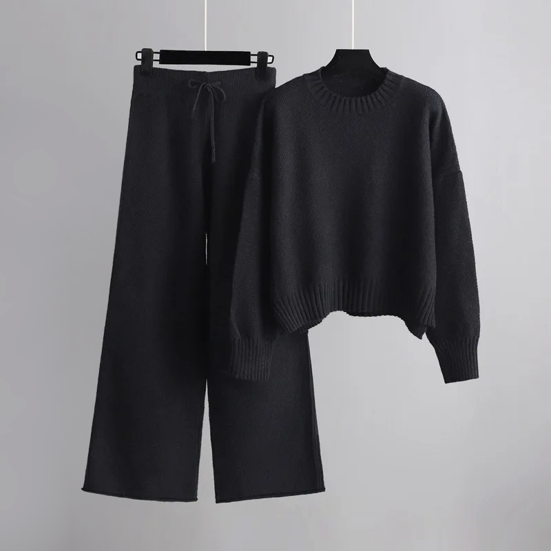 Women soft knit loungewear set relaxed fit sweater and wide-leg pants in neutral cozy style