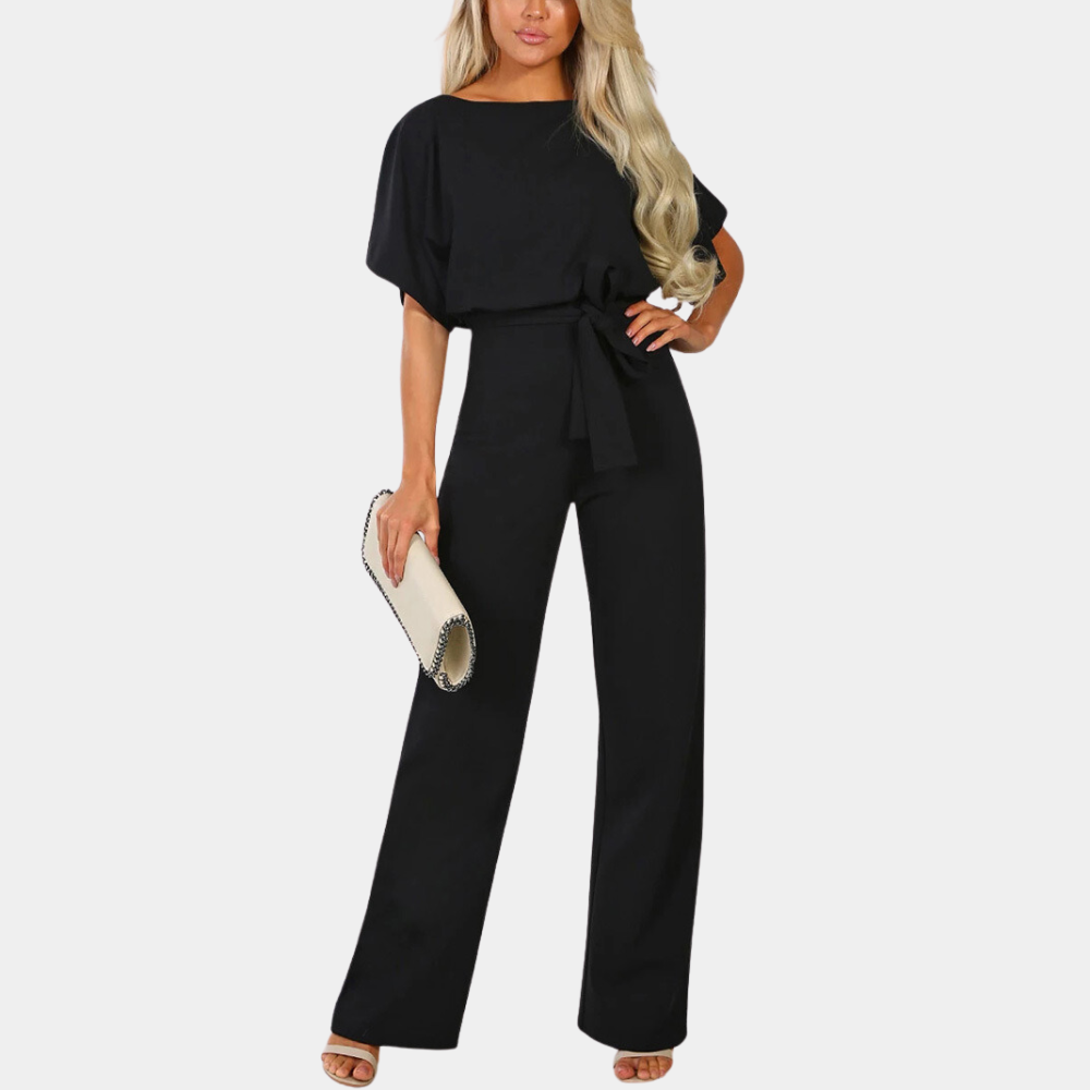 Women's wide-leg jumpsuit short sleeve tie-waist cotton-blend elegant one-piece