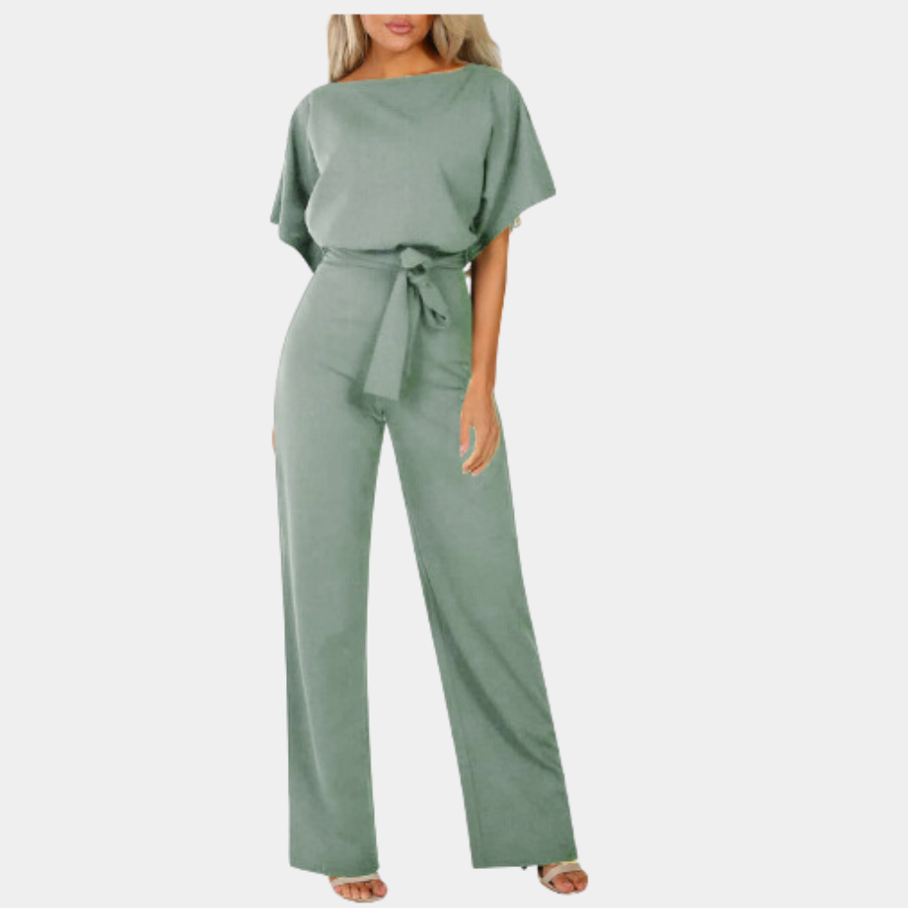 Women's wide-leg jumpsuit short sleeve tie-waist cotton-blend one-piece elegant casual style