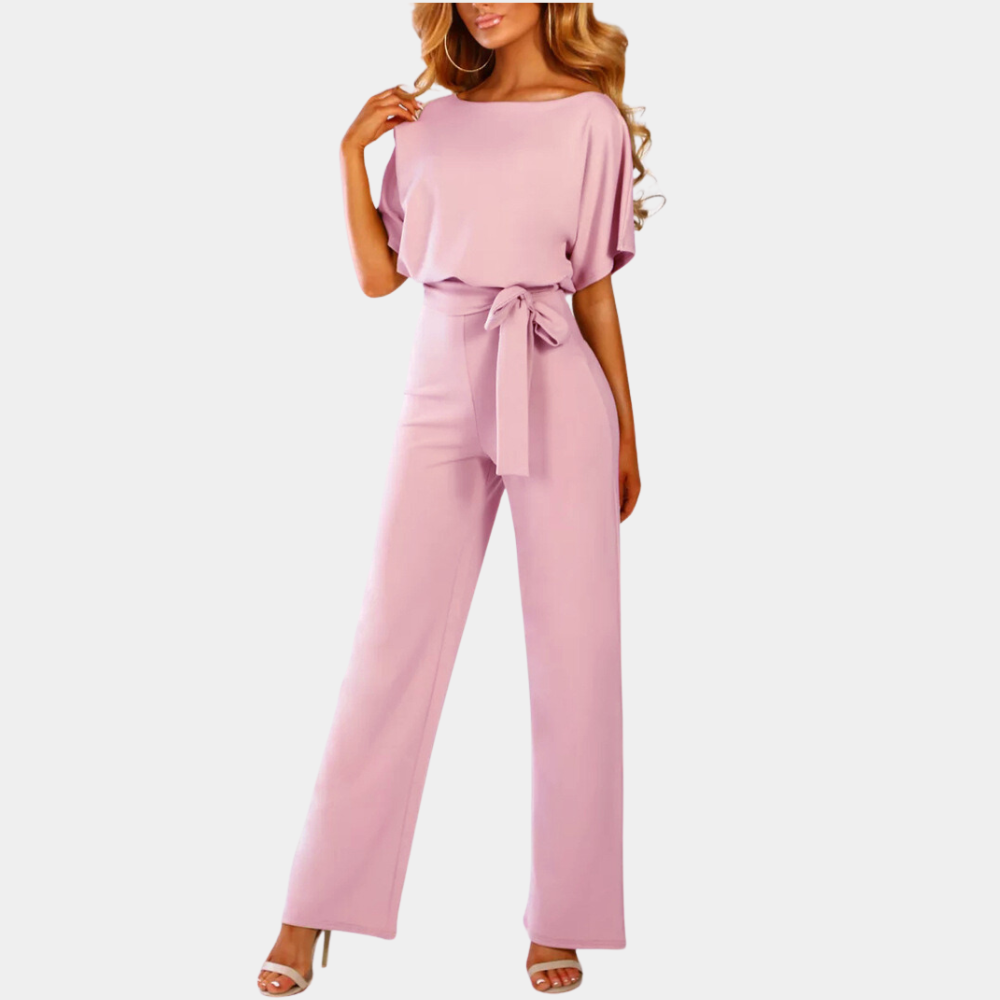 Women's wide-leg jumpsuit short sleeve tie-waist cotton-blend elegant one-piece versatile day-to-night