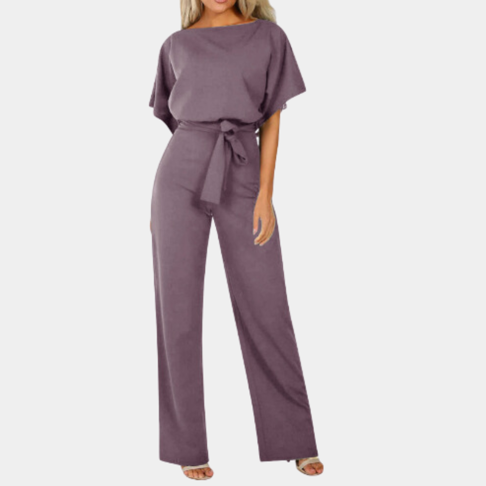 Women's wide-leg jumpsuit short sleeve tie-waist cotton-blend elegant one-piece casual chic