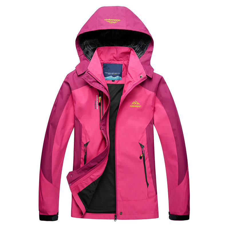 Women's waterproof hiking jacket with removable hood, stand collar, long sleeves, wind-resistant cuffs