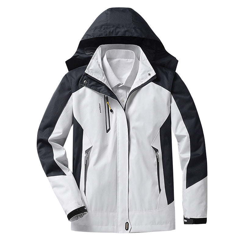Women's waterproof hiking jacket with removable hood, stand collar, long sleeves, windproof adjustable cuffs