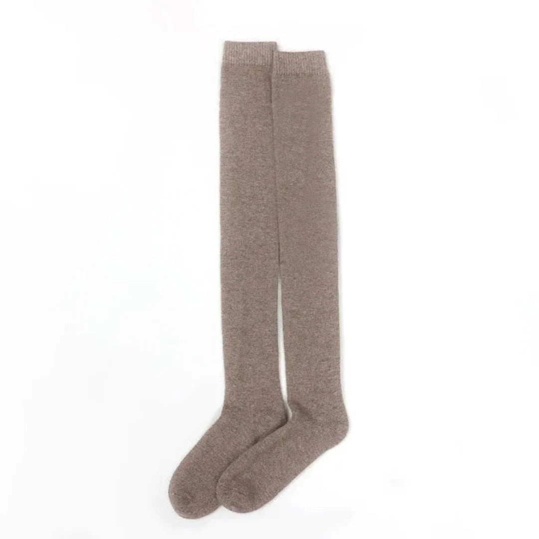 Women's over-the-knee cashmere blend socks in neutral tone with stretchy ribbed cuff