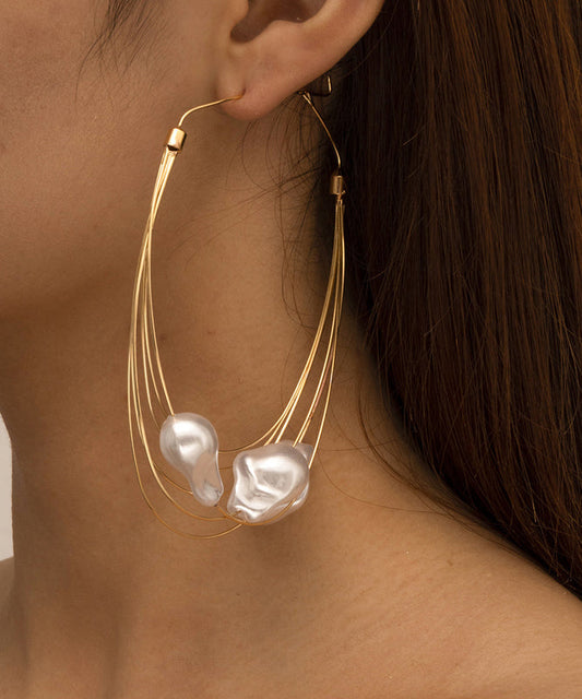 Boucles d'oreilles pendantes surdimensionnées en métal doré multicouche avec perles - Wavlynn