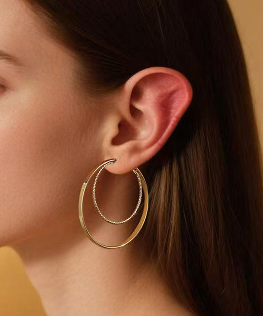 Boucles d'oreilles créoles surdimensionnées en acier inoxydable doré à double boucle - Wavlynn