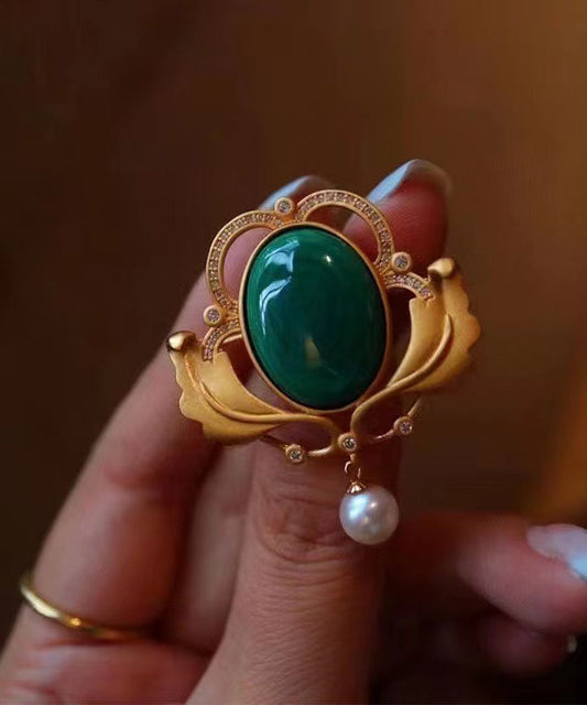 Bagues surdimensionnées en argent sterling vert surdoré avec perles de jade et zircon - Wavlynn