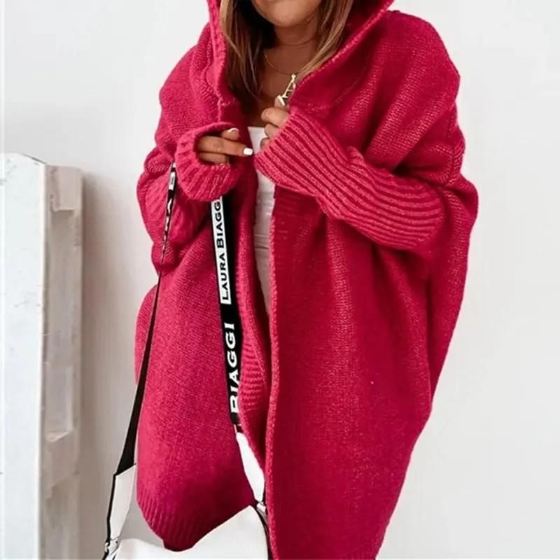 Women's oversized hooded knit cardigan cozy relaxed fit with ribbed cuffs in neutral tones