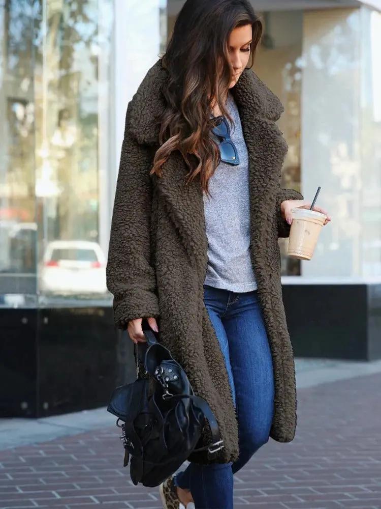 Women's oversized teddy coat plush texture lapel collar long silhouette cozy casual outerwear
