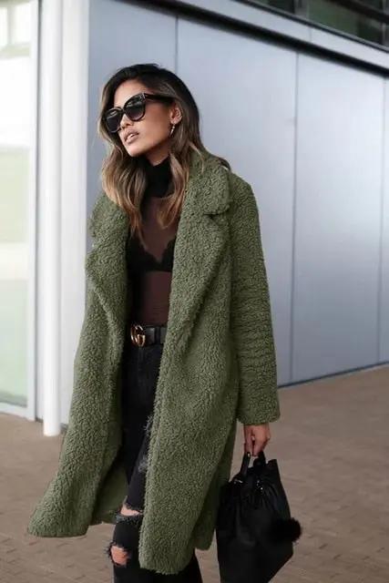 Women's oversized teddy coat plush texture lapel collar long silhouette cozy casual outerwear