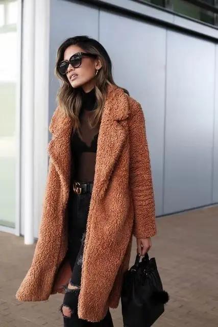 Women's oversized teddy coat plush texture lapel collar long silhouette cozy warm casual outerwear