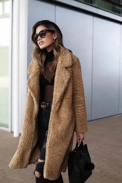 Women's oversized teddy coat plush texture lapel collar long silhouette cozy casual outerwear