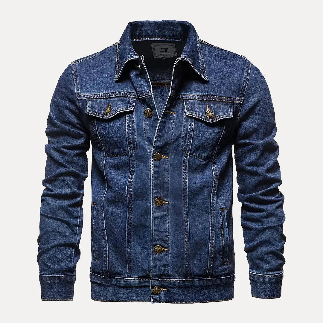 Byron slim fit denim jacket in classic blue cotton with button-down closure and moto-inspired edge