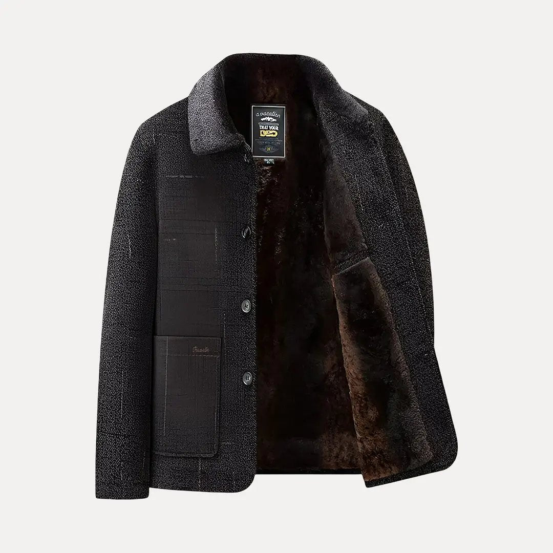 Wool Oxford jacket with plush fur lining, tailored fit, stand collar, and patch pockets for sophisticated style