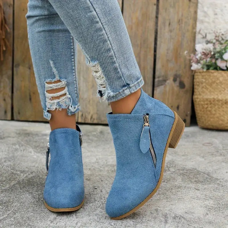 Women's suede-look ankle boots low heel round toe zipper closure everyday casual chic footwear