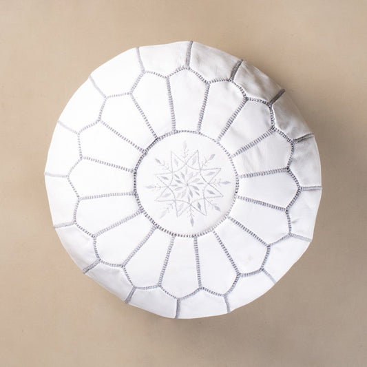 Authentic Moroccan Leather Pouf - White and Grey - Wavlynn