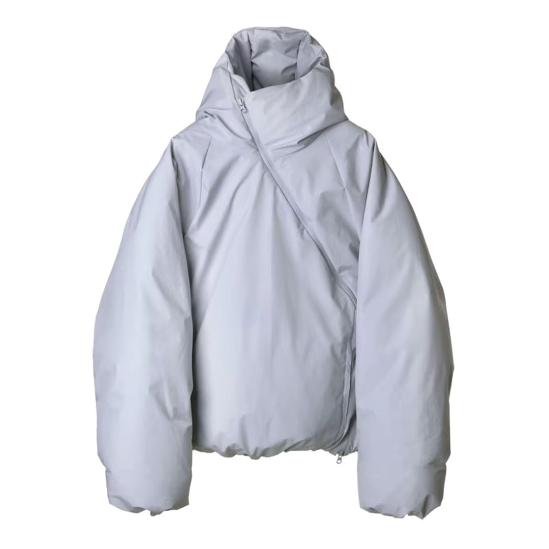 Black asymmetric puffer coat with attached hood and diagonal zipper closure for women
