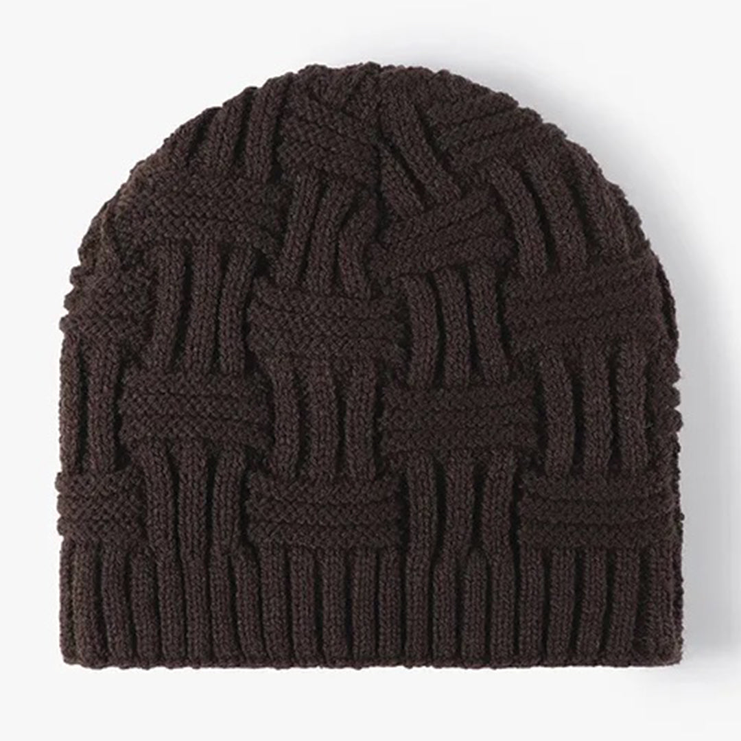 Jacquard knitted beanie in neutral tones, brimless contemporary style with padded interior