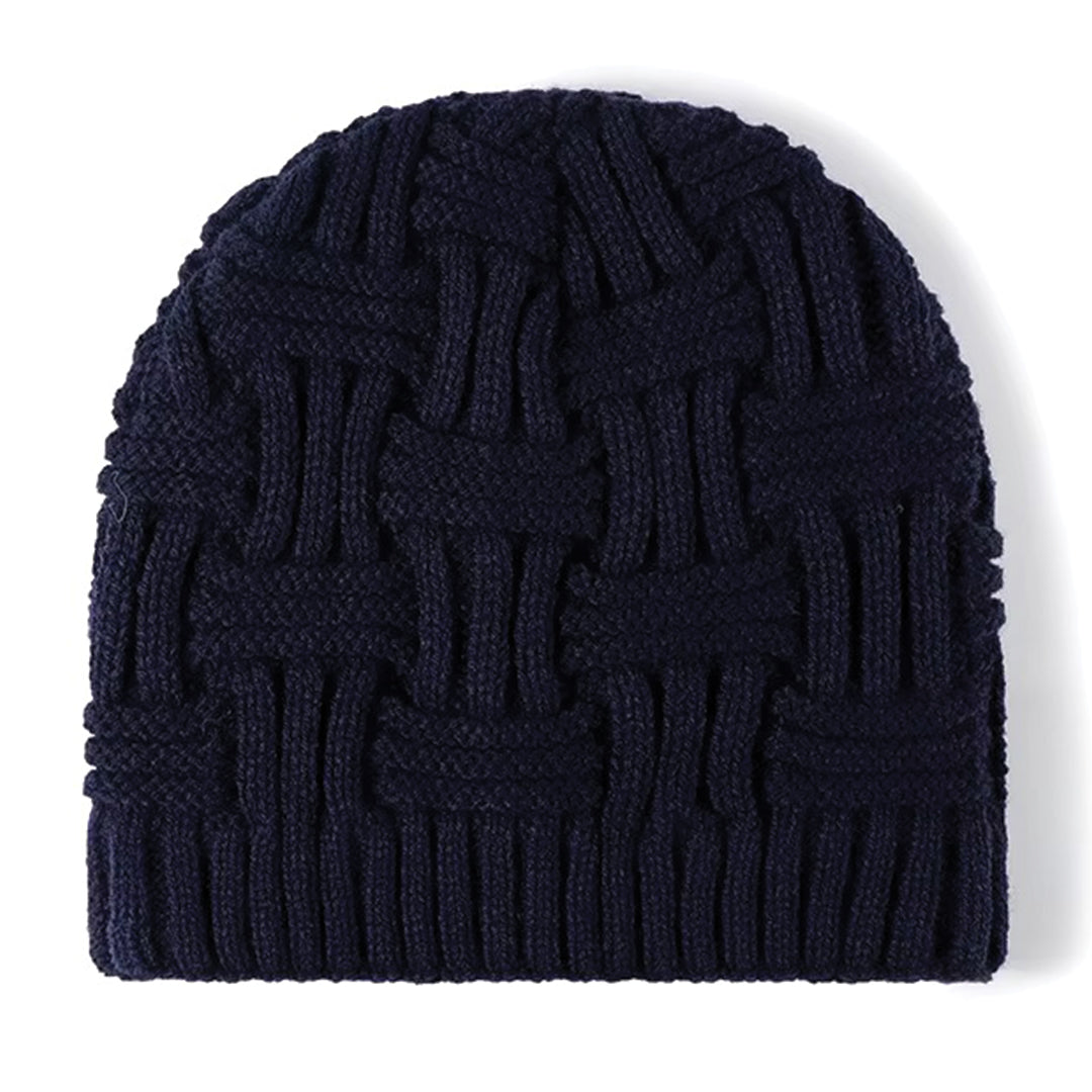Jacquard knitted beanie brimless style with padded interior in textured winter design
