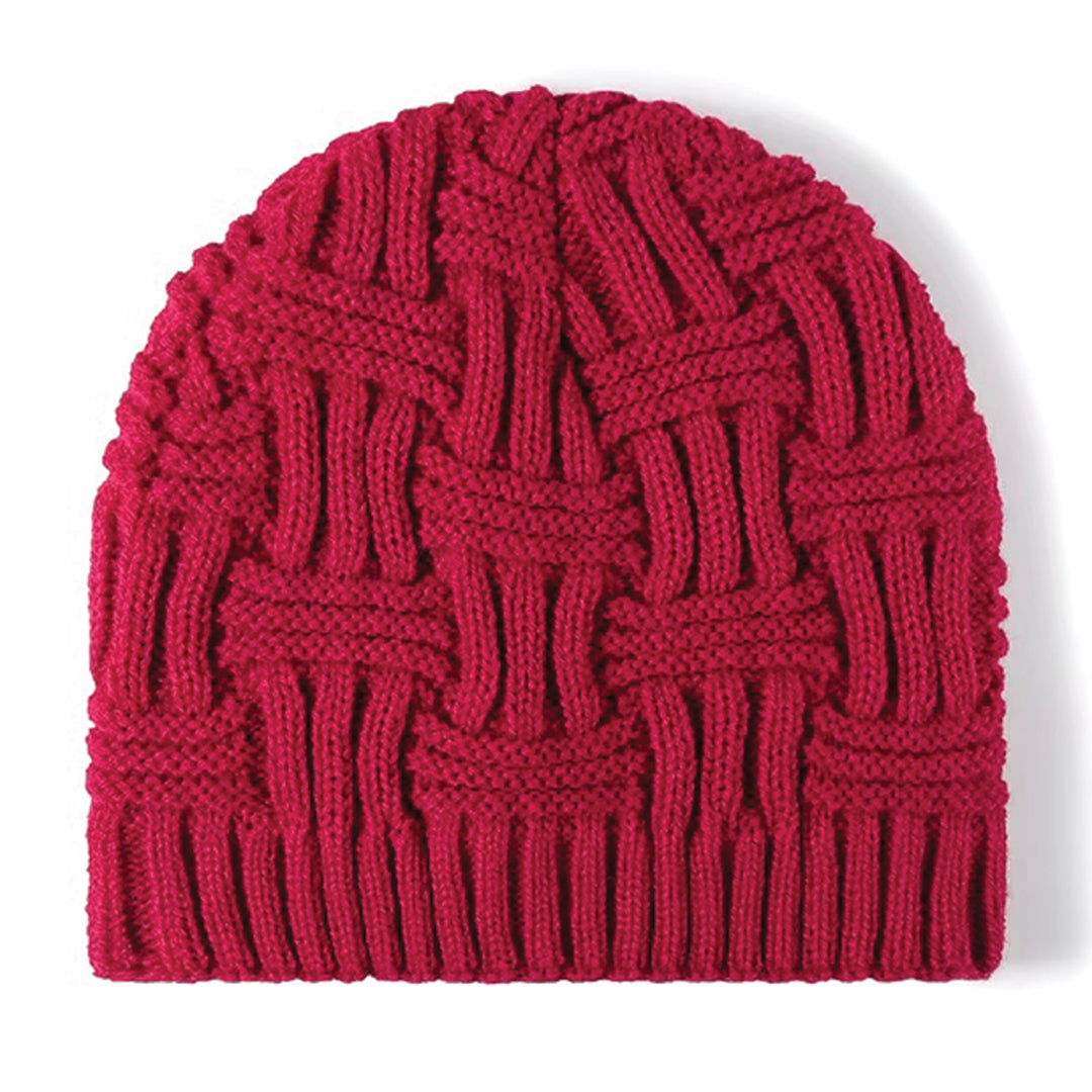 Charcoal jacquard knitted brimless beanie with padded interior and refined contemporary pattern