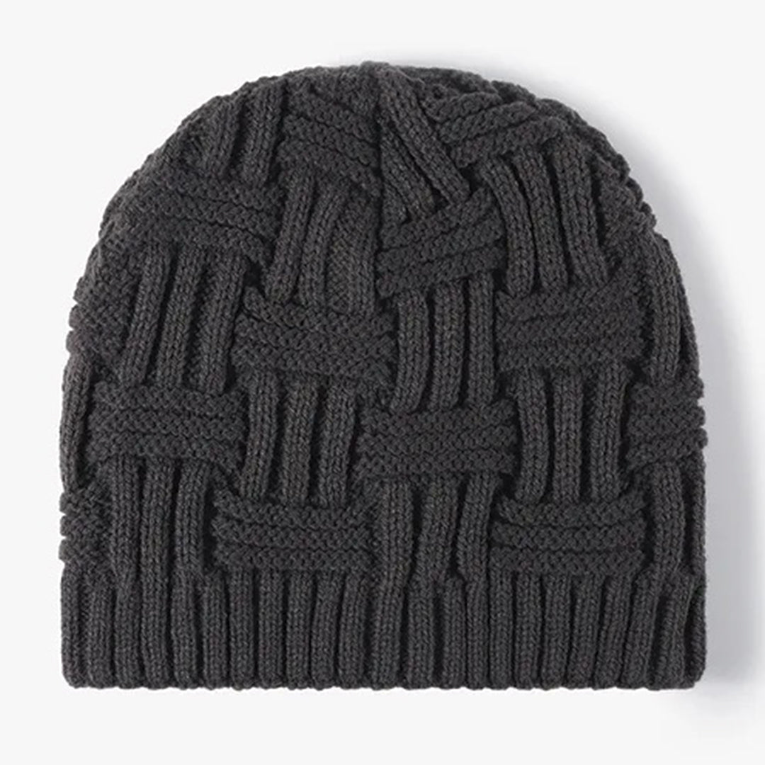 Charcoal jacquard knitted brimless beanie with padded interior and refined textured pattern