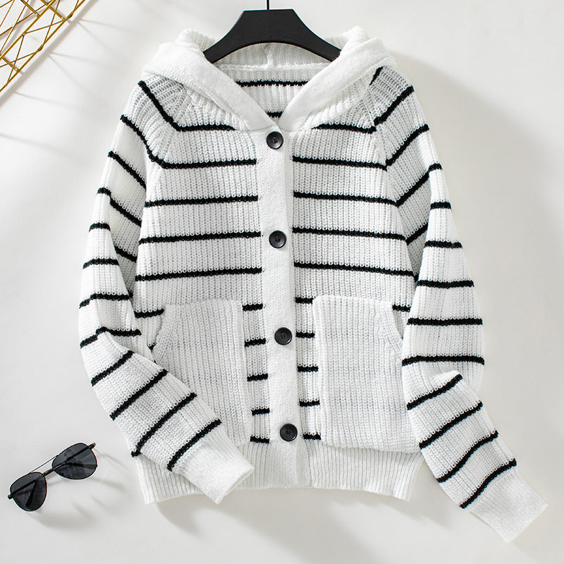 Women's striped hooded cardigan sweater, relaxed fit knit with button front closure