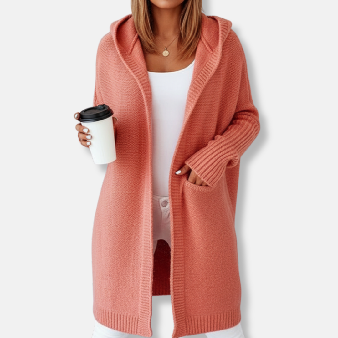 Women's oversized hooded cardigan, knee-length knit wool blend in neutral tones, relaxed cozy fit