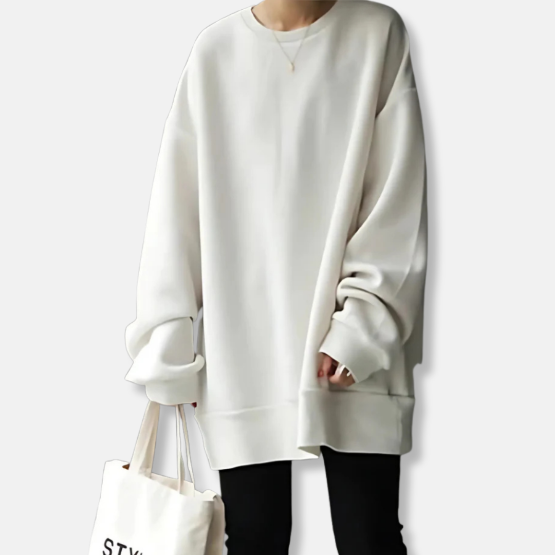 Women's oversized soft knit tunic sweatshirt with ribbed crew neck, relaxed silhouette casual style