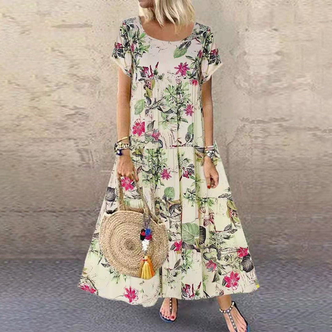 Women's loose-fit floral print maxi dress, short sleeve cotton blend, vibrant summer style