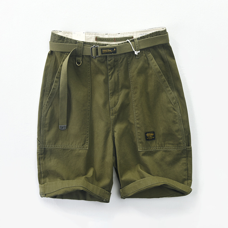 Khaki men's cargo shorts with adjustable utility belt, deep patch pockets, and tailored rugged cotton fit