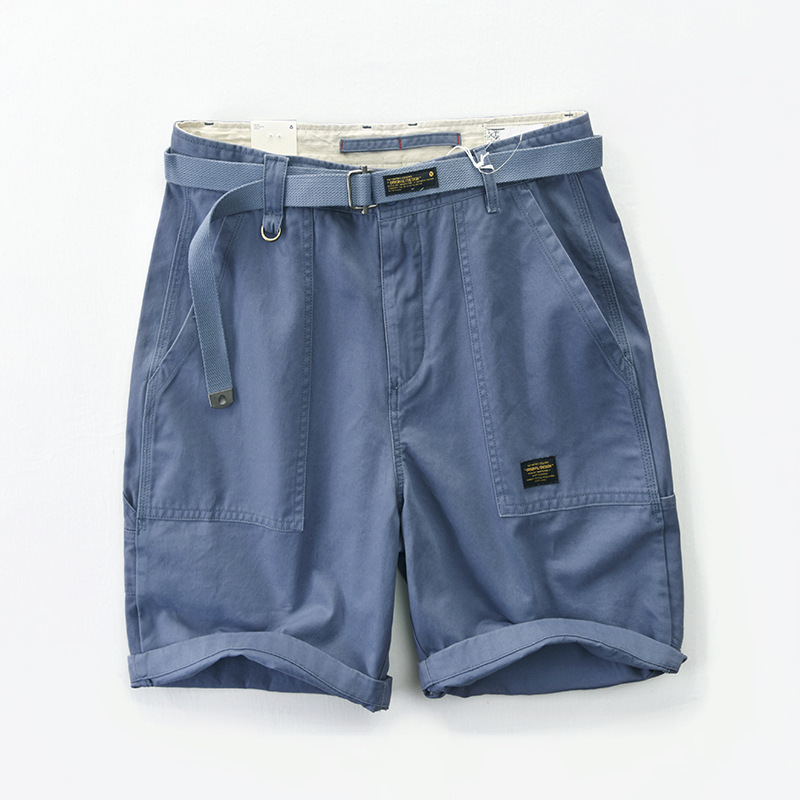 Khaki cargo shorts with adjustable utility belt, deep patch pockets, tailored rugged cotton build