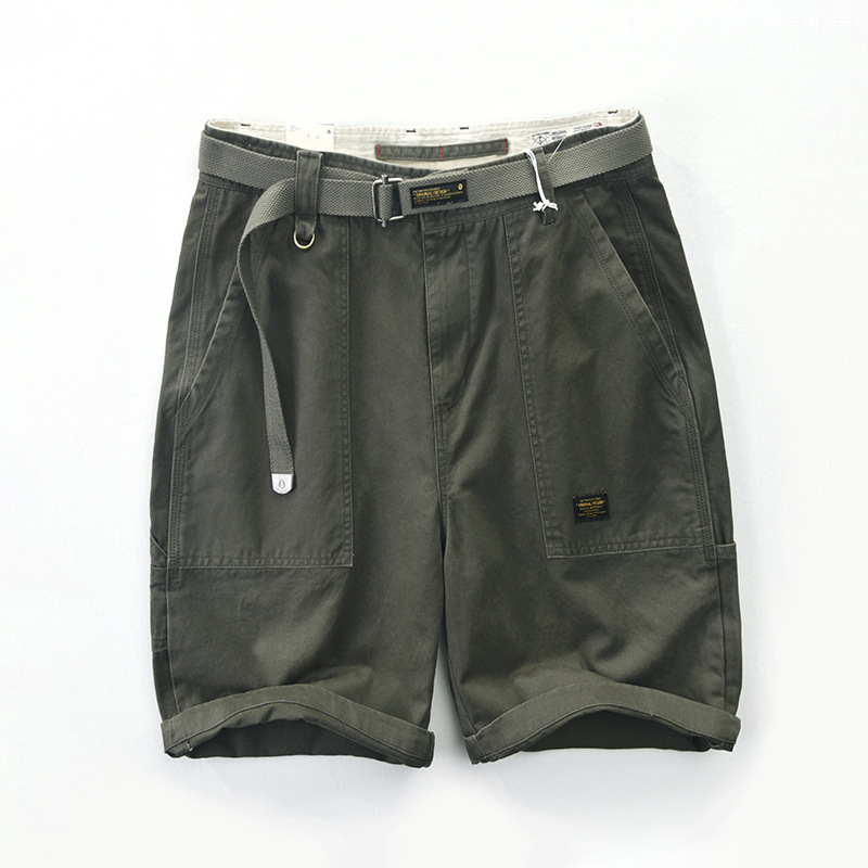 Khaki men's cargo shorts with adjustable utility belt, deep patch pockets, and tailored rugged cotton fit