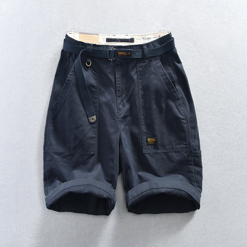 Khaki cargo shorts with adjustable utility belt, deep patch pockets, tailored rugged cotton summer fit