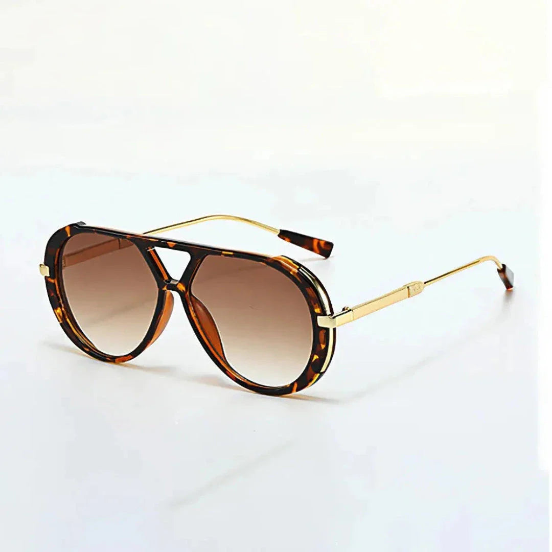 Oversized retro aviator sunglasses with gradient lenses, gold-tone metal arms, and durable acetate rims
